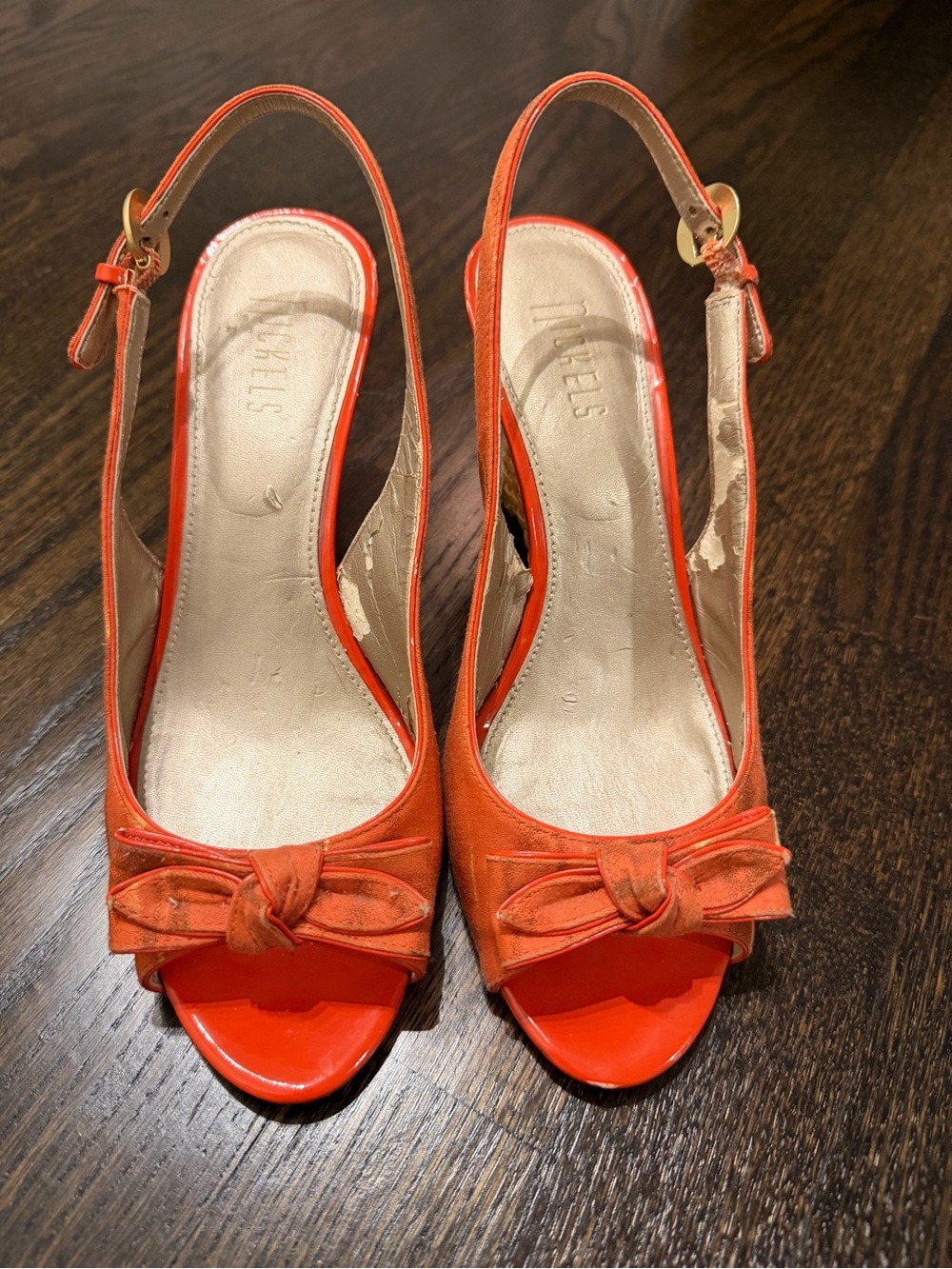 Nickels Orange Peep-Toe Slingback Heels with Bow